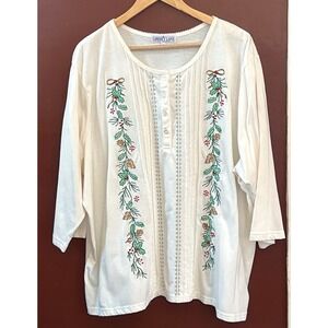 Vtg Liberty Lane 3X Embroidered Holiday Top Pinecones Holly Berries Ivory Blouse